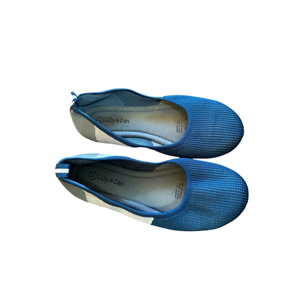 Lily & Dan Kids Girls Knit Ballet Flats Blue Tan‎ White Striped Size 4/5